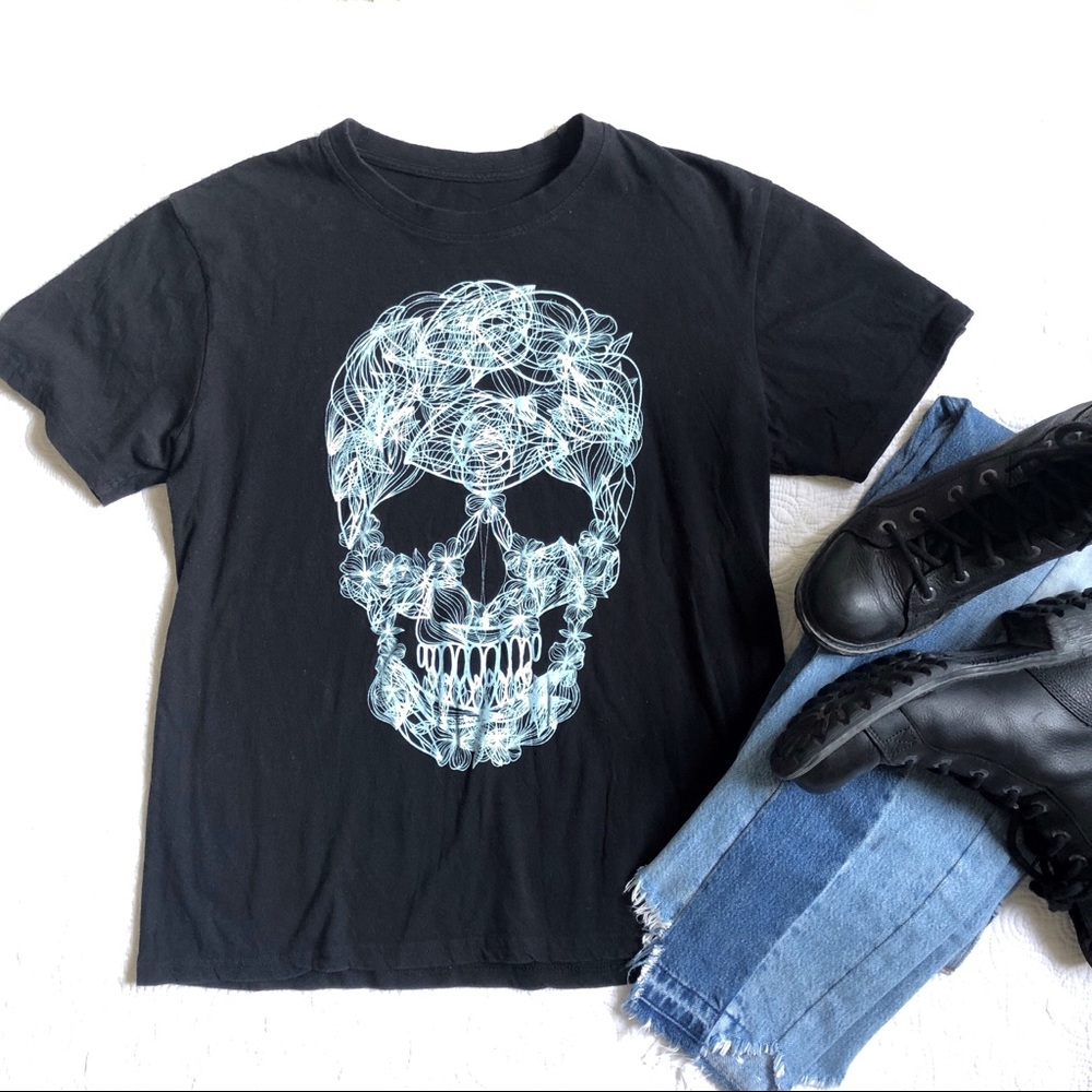 Skull Floral Goth Graphic Aqua Black Tee Shirt Screen Print Halloween To…
